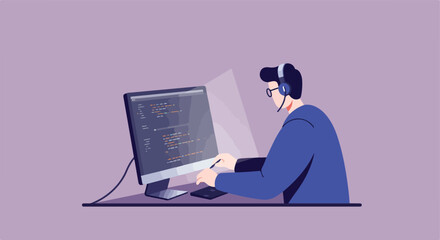 Cartoon developer is programming on a computer, wearing a headset and glasses