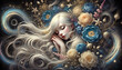 © monkik - A dreamy, fantasy-style illustration of a young girl with long, flowing platinum blonde hair cascading like silk around her as she sleeps peacefully