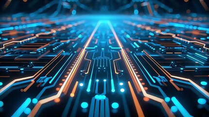 Abstract futuristic circuit board with glowing blue and white light trails running along the paths
