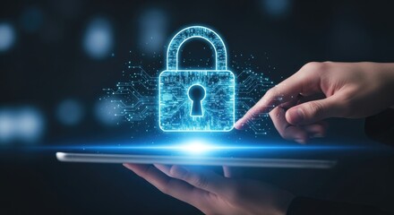 digital cybersecurity concept with a glowing padlock on a tablet, representing data protection, onli