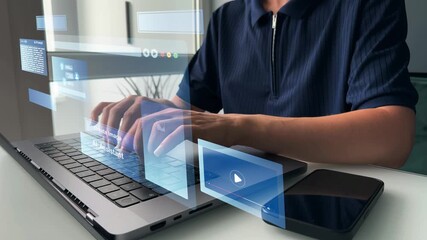 Person using laptop with Ai Content Generator. Interaction with the Ai assistant to solve some tasks more easily. Image generator, documents, marketing and advertising, bot writing and coding