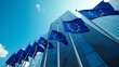 ©  sabbir - Blue flags of european union waving on skyscraper background