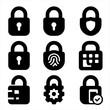 © Olha - Digital Lock Icons. Solid style icons of digital padlocks and lock types: closed padlock, unlocked padlock, padlock with shield,