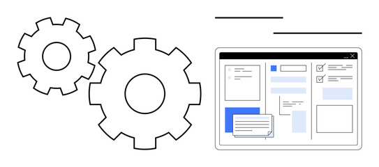 Large gears near a computer interface with task lists, checkboxes, and notes. Ideal for efficiency, planning, productivity, workflow, teamwork optimization technology. Simple flat metaphor