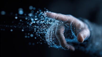Futuristic Hand Touching Data Particles, Representing Technology, Innovation, and Digital Transformation in a Dark Environment