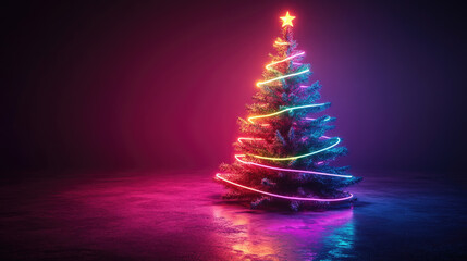 Wall Mural - futuristic neon christmas tree on glowing background with empty space for text or product display, p