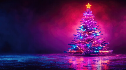 Wall Mural - futuristic neon christmas tree on glowing background with empty space for text or product display, p