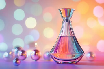 Vibrant perfume bottle with bokeh background.