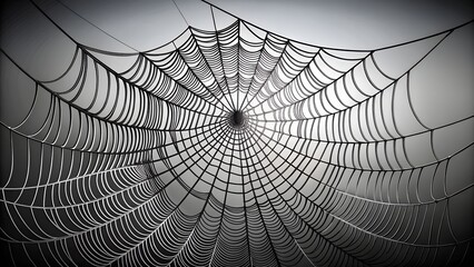 An intricate and detailed spider web with a dark, symmetrical pattern, captured in monochrome with dramatic lighting and shadow