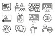 © VideoHub - Hybrid Presentation Icons. Line style icons of hybrid presentations: remote presenter icon, live + virtual audience, hybrid stream