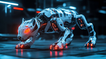 A futuristic robot dog with glowing circuits and a playful personality