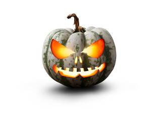 Wall Mural - A lit green, white and orange spooky halloween pumpkin, Jack O Lantern with evil face and eyes isolated against a transparent background