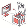 © dada - Isometric illustration of a 3d printer connected to a computer displaying data and binary code