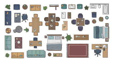 a versatile top-down collection of modern household furniture and decor elements, ideal for architec