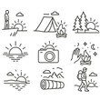 © VideoHub - Nature Line Icons. Line style icons of sunrise and sunset moments: person on cliff at dawn, tent silhouette at sunrise, campfire