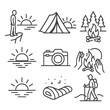 © VideoHub - Nature Line Icons. Line style icons of sunrise and sunset moments: person on cliff at dawn, tent silhouette at sunrise, campfire