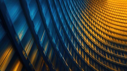 Wall Mural - abstract architectural pattern showcasing a curving facade with vibrant blue and gold tones at sunse