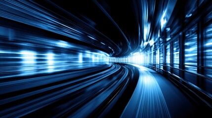 Wall Mural - Dynamic blue motion blur of a futuristic train traveling through a sleek tunnel with glowing lights