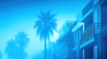 Wall Mural - serene urban landscape featuring modern apartments amidst palm trees under a tranquil blue haze at d