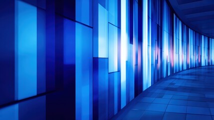 Wall Mural - abstract blue wall with vertical panels illuminated in a modern corridor, creating a vibrant atmosph