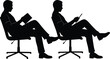 © Shammi's World - Silhouette of men sitting on office chairs, reading book, using tablet, business casual posture, digital device, modern lifestyle, workplace concept, corporate illustration, professional activity