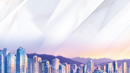 Wall Mural - modern city skyline at sunset with abstract geometric patterns overlaying the scene, creating a vibr