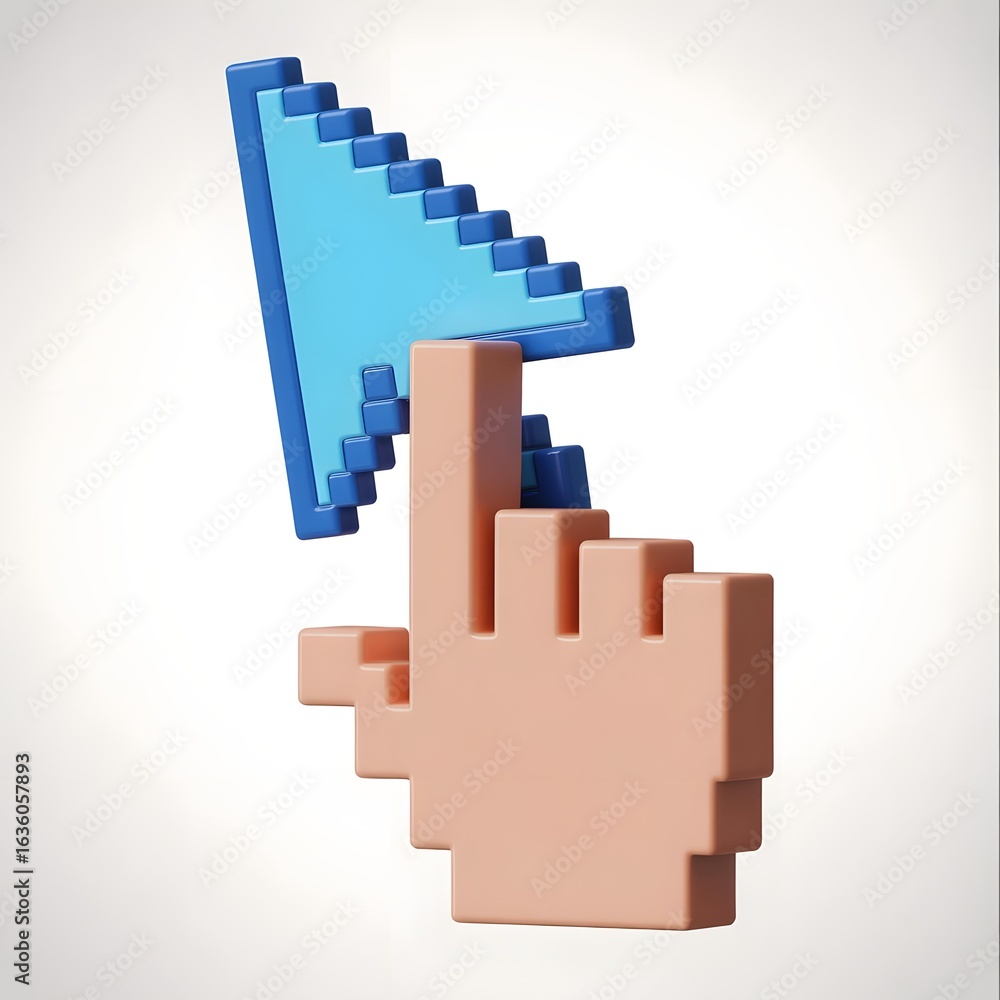 Retro Pixel Mouse Pointer 3D Hyperlink Click Icon on Transparent ...