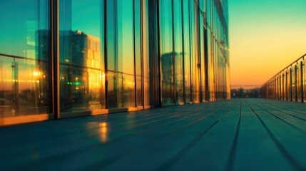 Wall Mural - modern glass building reflecting sunset hues, with a wooden walkway leading towards the horizon