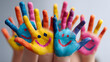 © fayyasin99 - Vibrant painted hands of children with cheerful smiley faces, symbolizing creativity and joy.