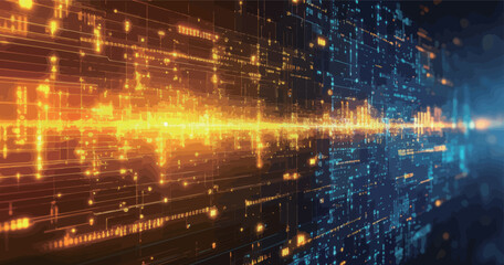 A computer screen with a bright orange and blue line of code. Concept of technology and innovation, with the bright colors and complex patterns suggesting a futuristic or advanced environment