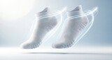 A dynamic product shot of a pair of white athletic ankle socks, with glowing lines suggesting speed and comfort. The socks are shown against a light gradient background.