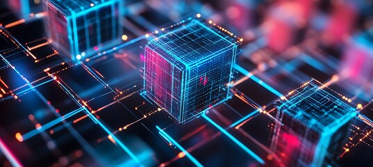 A decentralized application interface hovering over a blockchain matrix 