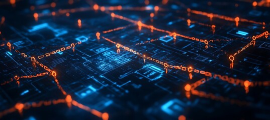 A decentralized application interface hovering over a blockchain matrix 