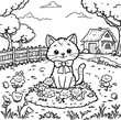 © talhamehmoodart - Cute cat with bow sitting on grass in countryside landscape with flowers, trees, fence, and cozy house in background