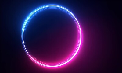 Wall Mural - 
Neon light effect with a glowing circular frame on a dark background, blue and pink neon lines in the shape of an empty ring for design.

