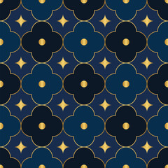Wall Mural - luxury seamless geometric pattern with navy blue and gold quatrefoil and star shapes. ideal for eleg