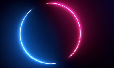 Wall Mural - 
Neon light effect with a glowing circular frame on a dark background, blue and pink neon lines in the shape of an empty ring for design.

