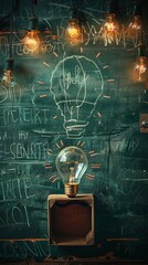 Wall Mural - Abstract background with light bulbs and inscriptions on a green board. Suitable for creative workspaces and presentations.