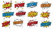 © San - Collection of twelve colorful comic book style explosion bubbles with action words and dynamic effects