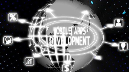 modern, network, MOBILE APPS DEVELOPMENT on the virtual display ,new business concept tee attached around the map icons assurance  background best business virtual  network world..