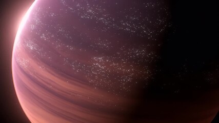 Wall Mural - A Detailed Visualization of a Dusty Pink and Red Planet in Outer Space, Featuring a Swirling Atmosphere with Bright White Particles, Illuminated by a