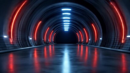 Wall Mural - A Futuristic Tunnel with Red and Blue Neon Lights: Reflective Floor, Dark Atmosphere, Archways, Metallic Walls, Futuristic Sci-Fi Corridor, 3D