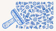 © Hala - Hand drawn blue stamp with various food items including pizza slices and fruit on a white background design is cool