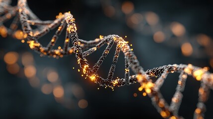 Medical technology concept with luminous DNA transforming to pharmaceuticals amid digital AI circuitry designs.
