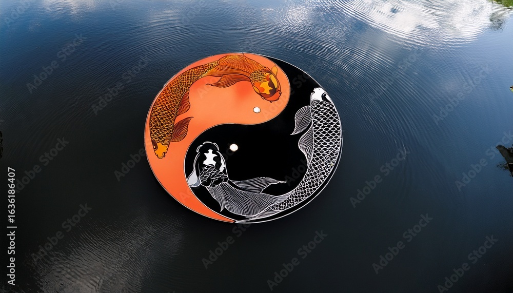 two koi fish orange and black create a yin yang symbol in a tranquil ...