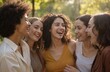 © Viktor - Five diverse young women share joyful moment in park. Happy multiethnic girls laugh, bond outdoors, enjoying friendship. Female students smile, walk casual attire, embrace positive lifestyle, fun in