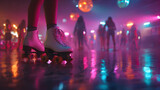 Retro neon roller skater disco night party. Skate party, roller skating rink with chill music