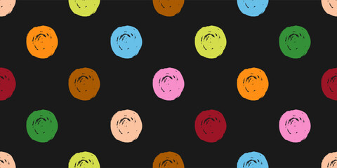 Wall Mural - Abstract Seamless Pattern of Hand-Drawn Bright Textured Circles on Dark Background. Style of Children's Drawing.