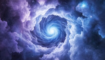Wall Mural - Mesmerizing cosmic vortex with swirling nebulae and glowing stars. Abstract tunnel of light in purple and blue hues, suggesting universal energy, spiritual connection, and quantum physics exploration.