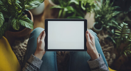 
A close-up image: A woman using a digital tablet with a blank white screen while working. This is a tablet mockup for online marketing or web templates.